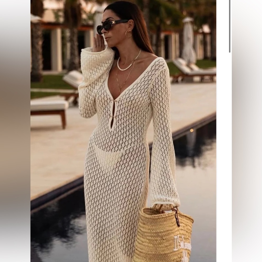MESHKI Cream Open Knit Maxi Cover Up Dress